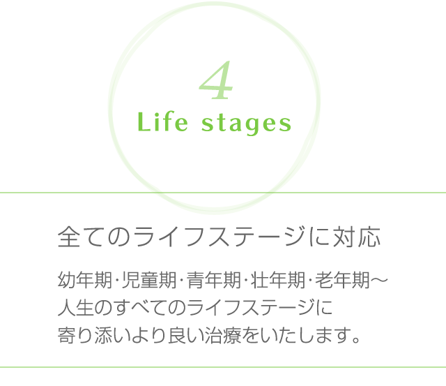 全てのライフステージに対応幼年期・児童期・青年期・壮年期・老年期～人生のすべてのライフステージに寄り添いより良い治療をいたします。